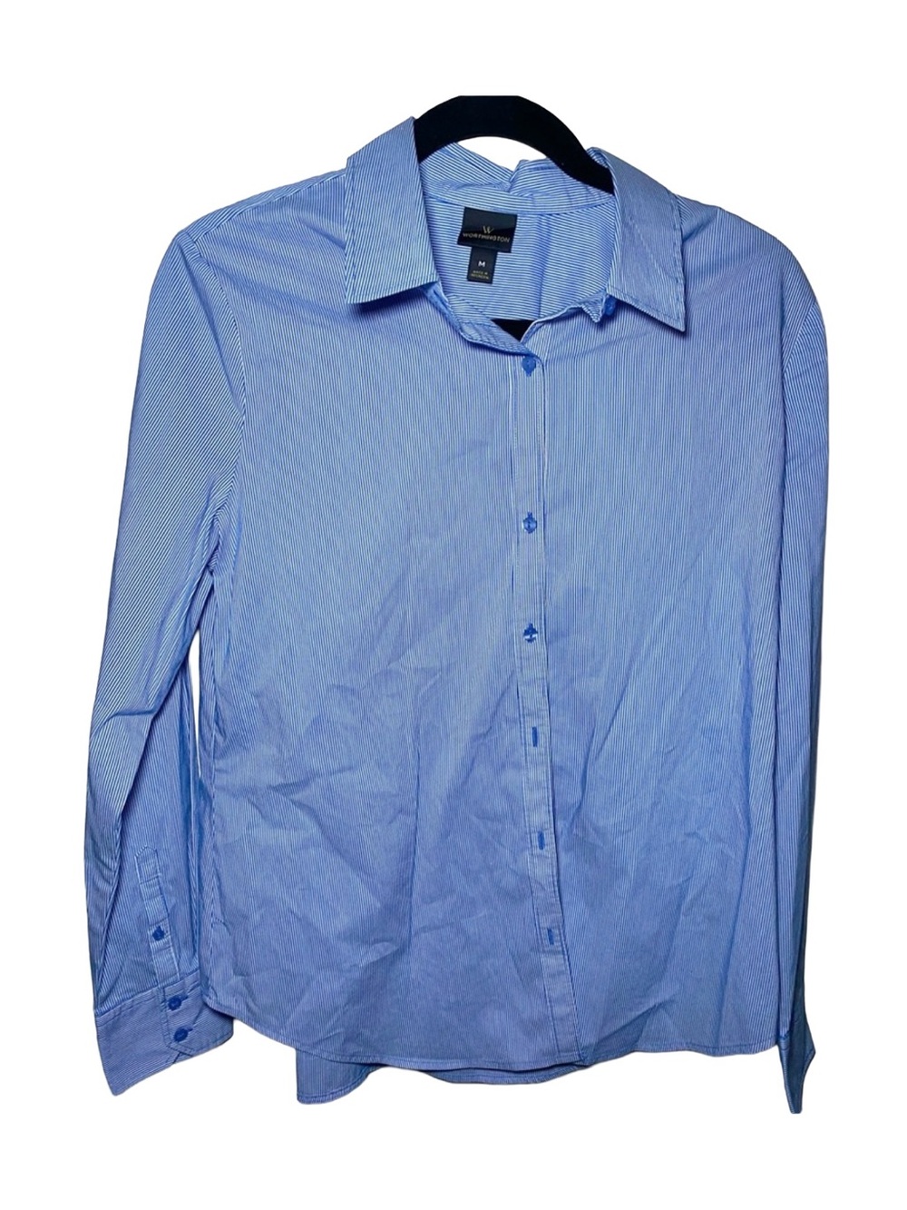 Worthington Womens Career Blouse Top‎ Blue White Striped Button Up Shirt M